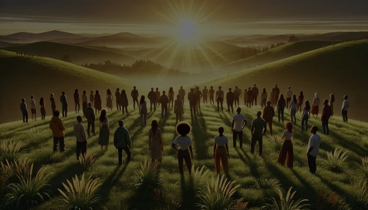 A diverse community gathering in warm light