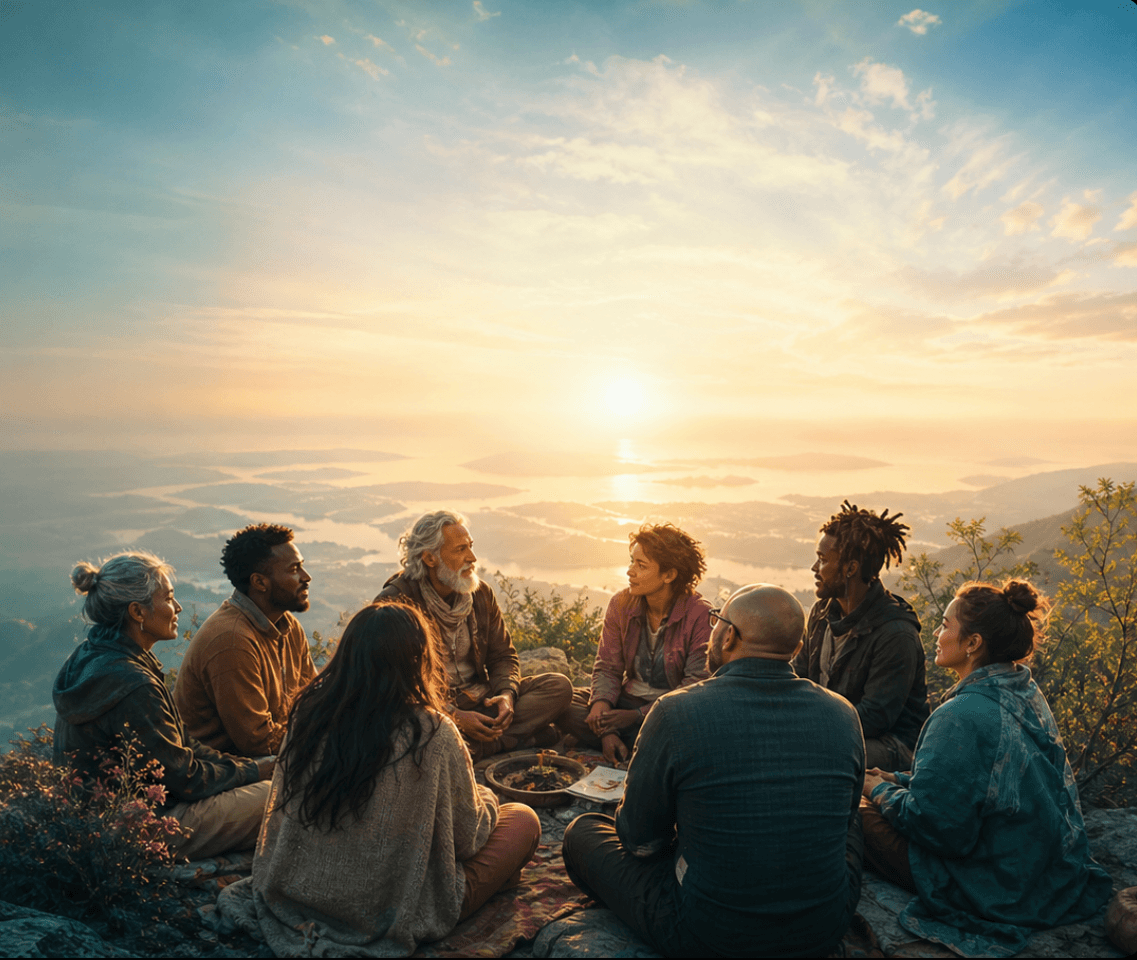 A multicultural community gathering at sunrise in the mountains